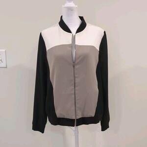 Y2K Bomber Jacket Medium Color Block City Streetwear Long Sleeve Black Tan white